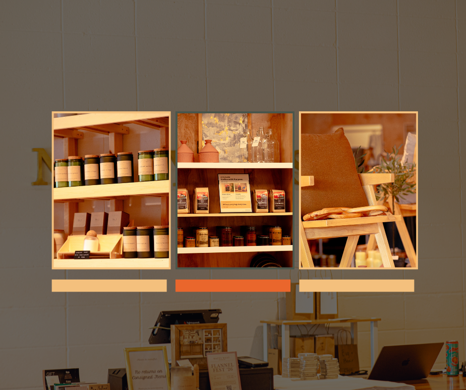 A triptych-style wall art print or poster showing three warm-toned interior scenes: shelves with jars on the left, shelves with packaged goods in the center, and an easel with a canvas on the right, displayed against a dark gray wall.