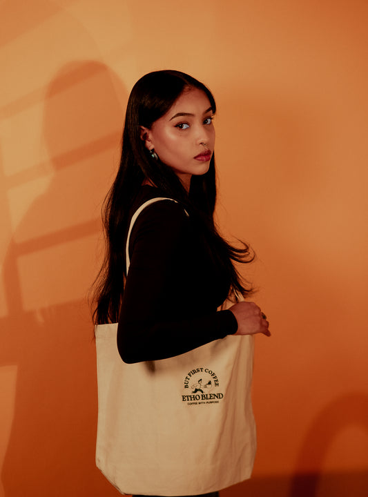 “But First, Coffee” Embroidered Organic Tote Bag